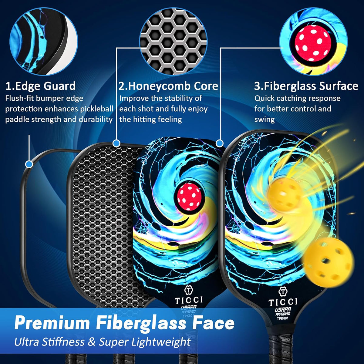 Pickleball Paddles Set of 2, USAPA Approved Fiberglass Pickleball Set with 4 Balls & Carry Bag, Lightweight Rackets for Beginners & Adults